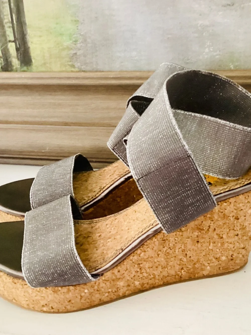 Volatile Silver Elastic Ankle Strap Wedge Cork Platforms Women’s Size 8 Stretch